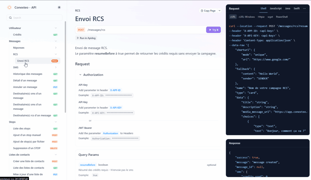 Api RCS Conexteo Integration facile