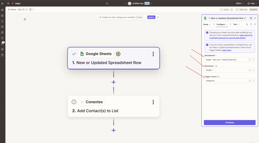 Etape Zapier Google Sheet - Connecter liste de contact & Google Sheet