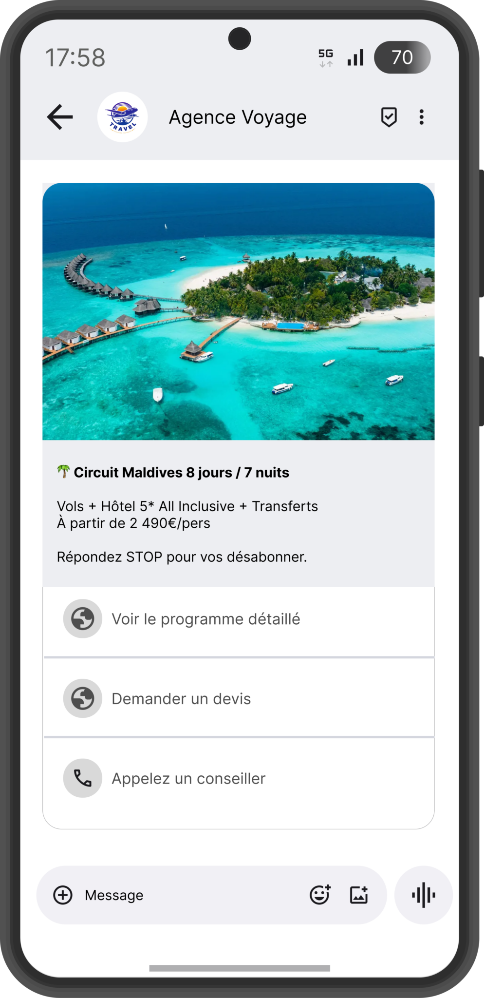 Envoi RCS agence de voyage - plateforme SMS et RCS Conexteo