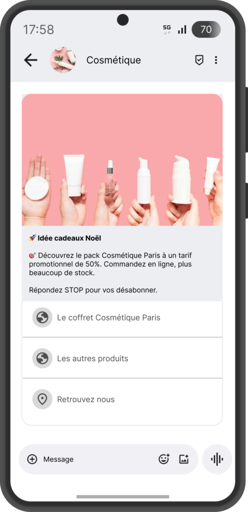 Campagne RCS cosmétique envoyée depuis plateforme SMS professionnel