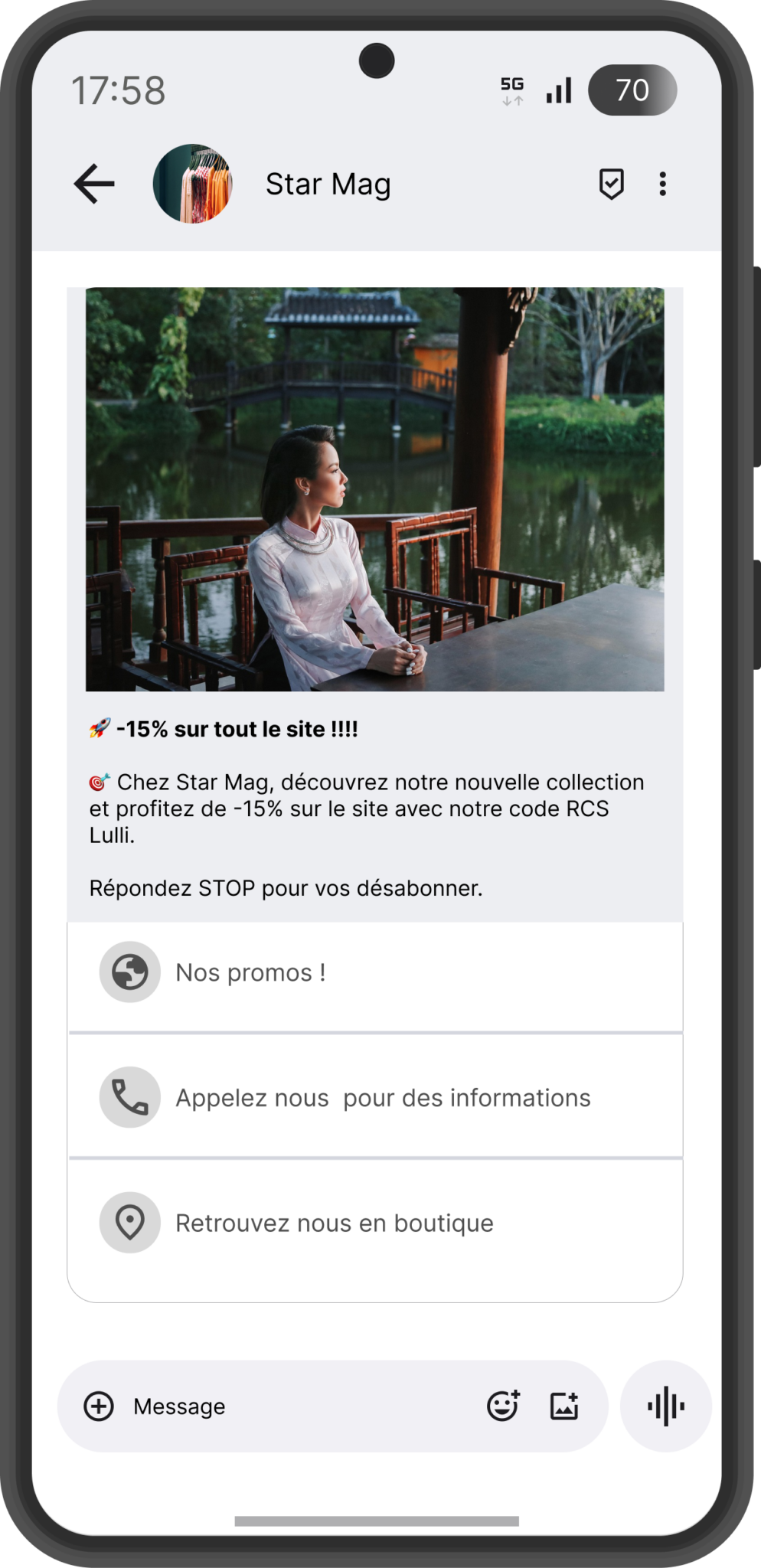Exemple RCS mode prêt-à-porter via plateforme SMS professionnel Conexteo